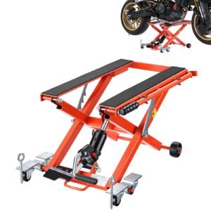 Hydraulic Motorcycle Lift Jack, 1100 lbs Capacity, Scissor Lift Jack Portable Motorcycle Hoist Stand with 6 Wheels, 4.72"-15.15" Height Range, Hydraulic Foot-Operated Hoist Stand for Dirt Bikes