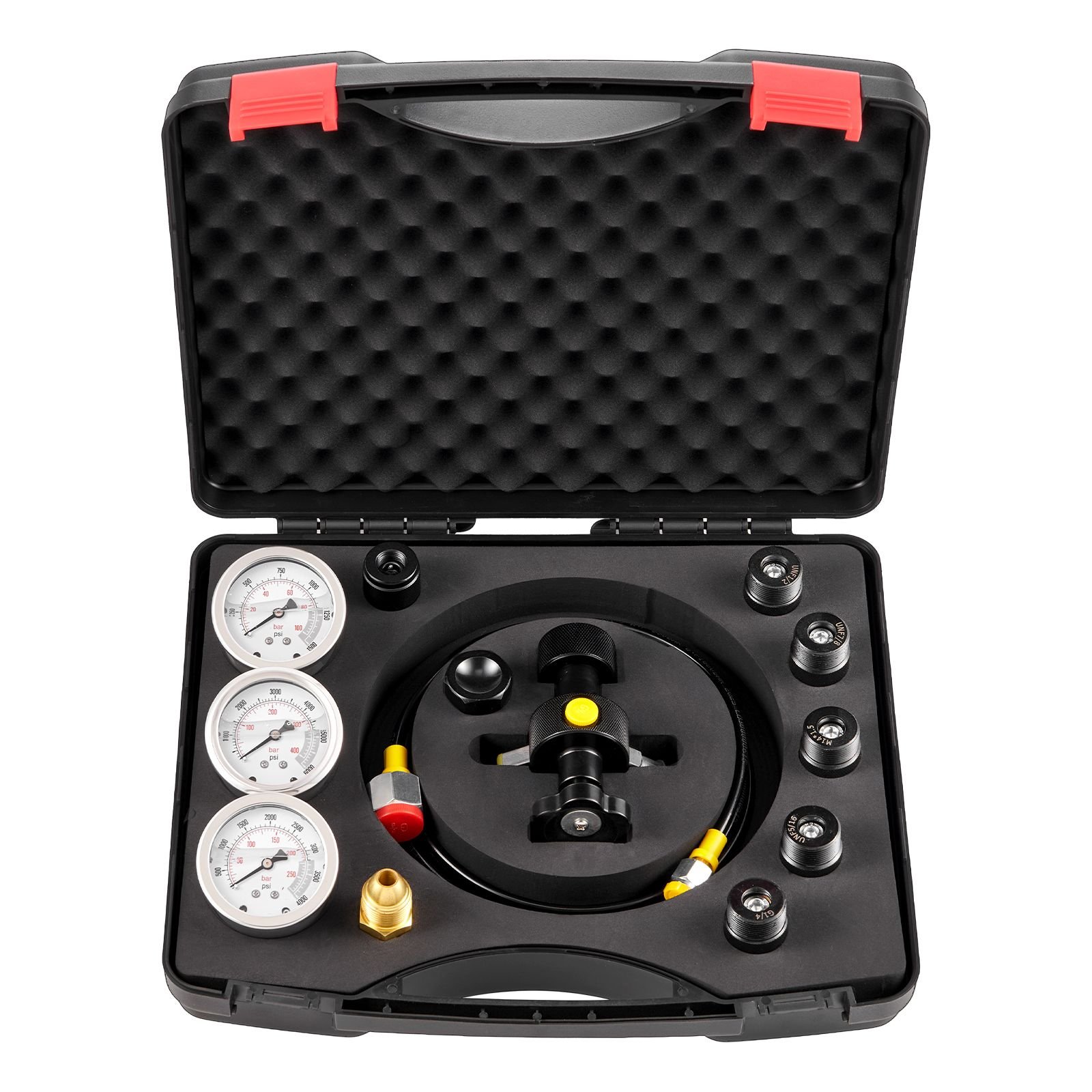 hydraulic nitrogen accumulator charging kit, all in one nitrogen fill kit, pressure test system with 3 gauges (1500, 4000, 6000 psi), 6 adapters couplings, 1 gas hose, 1 valve, 1 cga580 adapter