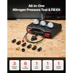 hydraulic nitrogen accumulator charging kit, all in one nitrogen fill kit, pressure test system with 3 gauges (1500, 4000, 6000 psi), 6 adapters couplings, 1 gas hose, 1 valve, 1 cga580 adapter