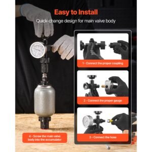hydraulic nitrogen accumulator charging kit, all in one nitrogen fill kit, pressure test system with 3 gauges (1500, 4000, 6000 psi), 6 adapters couplings, 1 gas hose, 1 valve, 1 cga580 adapter