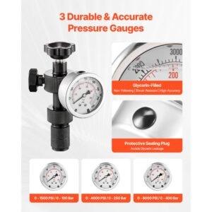hydraulic nitrogen accumulator charging kit, all in one nitrogen fill kit, pressure test system with 3 gauges (1500, 4000, 6000 psi), 6 adapters couplings, 1 gas hose, 1 valve, 1 cga580 adapter
