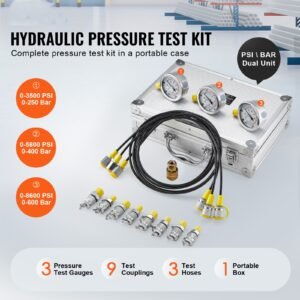 Hydraulic Pressure Test Kit, 250/400/600bar, 3 Gauges 9 Test Couplings 3 Test Hoses, Excavator Hydraulic Test Gauge Set with Portable Carrying Case for Excavator Tractors Construction Machinery