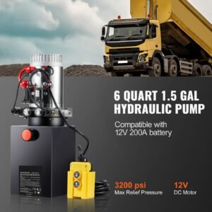 Hydraulic Pump, 6 Quart Hydraulic Power Unit, Double Acting Dump Trailer Pump, 0.91 GPM Flow Rate, 3200 PSI Max Relief Pressure, DC 12V Hydraulic Pump for Dump Trailer Car Lifting