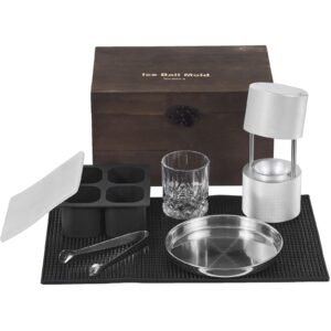 Ice Ball Press Kit, Aircraft Al Alloy Ice Press with Ice Block Mold, Large Mat, Tong, Drip Tray, One Glass, Round Ice Ball Maker 2.4"/60 mm Ice Sphere, for Whiskey, Cocktail on Party & Holiday