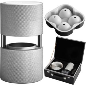 Ice Ball Press Kit, Anodized 7075 Aluminum, with Silicone Moulds, Large Mat, Stainless Steel Tong & Two Glasses, Double Size Crystal Clear Rounds for Whiskeys, Cocktails on Parties & Holidays