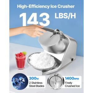 ice crusher machine 143lbs per hour electric 2 blades snow cone maker stainless steel shaved ice machine with bowl and cover 300w 2000rpm ice shaver for home and commercial use silver 1.jpg