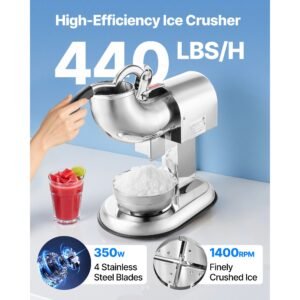 Ice Crusher Machine, 440lbs Per Hour Electric 4 Blades Snow Cone Maker, All Stainless Steel Shaved Ice Machine with Bowl and Cover, 350W 1400RPM Ice-Shaver for Home and Commercial Use, Silver