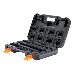 impact socket set with 1/2" drive, comprising 23 pieces in sae (7/16" 1") & metric measurements, 6 point cr v alloy steel, includes ratchet handle and durable storage case