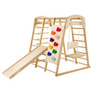 Indoor Jungle Gym, 7-in-1 Toddler Indoor Playground, Wooden Toddler Climbing Toys Indoor with Wood & Rope Ladder, Net Ladder, Swing, Monkey Bar, Slide, Climbing Wall, 43 x 47.2 x 47in