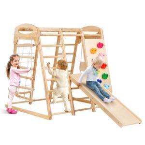 Indoor Jungle Gym, 7-in-1 Toddler Indoor Playground, Wooden Toddler Climbing Toys Indoor with Wood & Rope Ladder, Net Ladder, Swing, Monkey Bar, Slide, Climbing Wall, 47.2 x 58 x 56in
