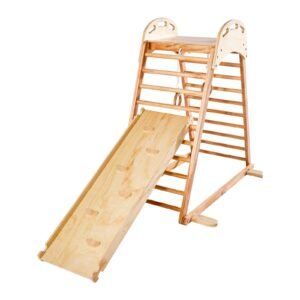 Indoor Playground Jungle Gym, 4-in-1 Wooden Indoor Playground Climbing Toys for Kids, Montessori Toddlers Climber Playset with Climbing Rock, Slide, Wooden Ladder & Gym Rings, 220LBS Loading