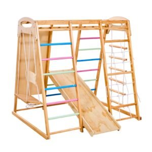 Indoor Playground Jungle Gym, 7-in-1 Wooden Indoor Playground for Kids, 250LBS Montessori Climbing Toys Playset with Swing, Monkey Bar, Slide, Wooden Ladder, Rope Ladder, Climbing Net & Rock