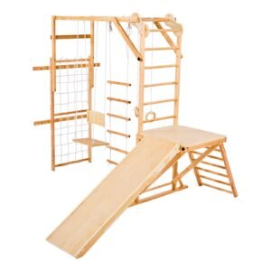 Indoor Playground Jungle Gym, 8-in-1 Wooden Indoor Playground for Kids, 220LBS Montessori Climbing Toys Playset with Slide, Swing, Monkey Bar, Gym Rings, Wooden / Rope Ladder, Climbing Net & Bar