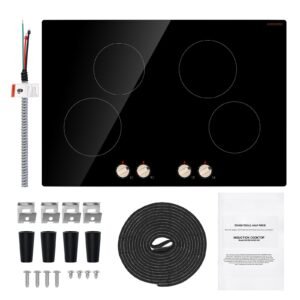 Induction Cooktop, 6600W Electric Countertop Burner, 4 Burner Knob Control Stove, Built-in Induction Cooktop with 12 Temperature Settings, Glass Surface, Auto Shut-Off