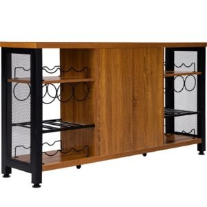 Industrial Bar Cabinet, 55 Inch Rustic Oak, 330 LBS Wine Table for Liquor with Wine Racks (24 Bottles), Glass Holders and Metal Sideboard, Farmhouse Wood Coffee Bar for Living Room, Dining Room