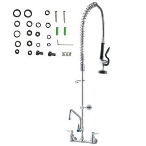 Industrial Sink Faucet, 44" Tall, 8" Apart, 12" Rotating Spout, Wall Mounted, Brass Made with Extendable Sprayer, Fits Single/Triple Sinks