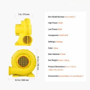 Inflatable Blower, 380W&450W, 0.5 & 0.6 HP Bounce House Blower, Pump Commercial Air Blower for Inflatables, Bouncy Castle Electric Air Blower Fan Perfect for Bounce House, Waterslides, Yellow