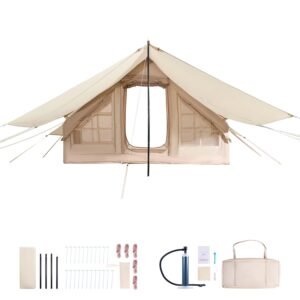 Inflatable Tents for Camping, 3-5 Person Easy Setup Blow up Tent with Hand Pump, 300D Oxford 4 Season Glamping Tent with Canopy, Stove Jack, 2 Doors & 2 Mesh Windows (Storage Bag Included)