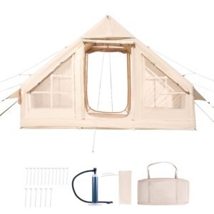 Inflatable Tents for Camping, 3-5 Person Easy Setup Blow up Tent with Hand Pump, 300D Oxford 4 Season Glamping Tent with Stove Jack 2 Doors & 2 Mesh Windows, Storage Bag Included for Easy Taking