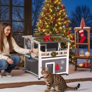 insulated cat house 2 story wooden cat shelter foam insulation feral kitty shelter with balcony waterproof cats condos for indoor outdoor 1 3 cats in winter 33 x 295 x 32 in 11.jpg