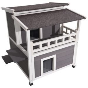 Insulated Cat House, 2-Story Wooden Cat Shelter, Foam Insulation, Feral Kitty Shelter with Balcony, Waterproof Cats Condos for Indoor & Outdoor 1-3 Cats in Winter 33 x 29.5 x 32 in