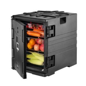 Insulated Food Pan Carrier, 82 Qt Hot Box for Catering, LLDPE Food Box Carrier with Double Buckles, Front Loading Food Warmer with Handles, Stackable End Loader for Restaurant, Canteen, etc. Bla