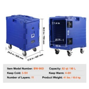Insulated Food Pan Carrier, 82 Qt Hot Box for Catering, LLDPE Food Box Carrier w/One-Piece Buckle, Front Loading Food Warmer w/Handles, End Loader w/Wheels for Restaurant, Canteen, etc. Blue