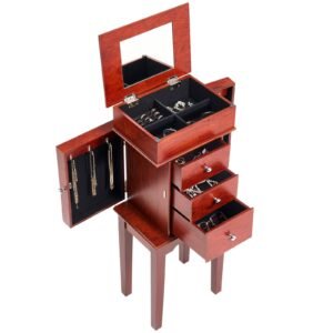 jewelry cabinet armoire standing wood jewelry storage chest with 3 drawers flip top mirror 4 top storage compartments zinc alloy handles 2 side doors with 6 necklace hooks.jpg