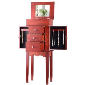 jewelry cabinet armoire standing wood jewelry storage chest with 3 drawers flip top mirror 4 top storage compartments zinc alloy handles 2 side doors with 6 necklace hooks 4.jpg