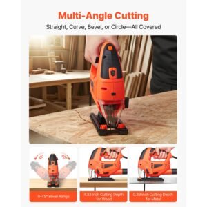 Jig Saw, 6.5 Amp, 3000 SPM Blade Speed, Electric Jigsaw with 6 pcs Blades, LED Light, 6 Variable Speed, 0- 45° Bevel Cuts, 4 Orbital Settings for Straight/Circle Cutting, for Wood and Metal