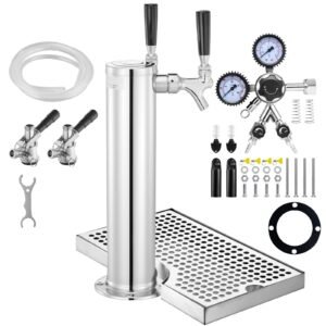Kegerator Tower Kit, Dual Taps Beer Conversion Kit, Stainless Steel Keg Beer Tower Dispenser with Dual Gauge CGA320 Regulator & D-System Keg Coupler, Beer Drip Tray for Party Home