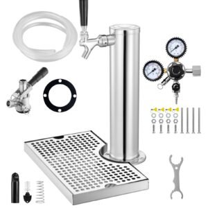 Kegerator Tower Kit, Single Tap Beer Conversion Kit, Stainless Steel Keg Beer Tower Dispenser with Dual Gauge CGA320 Regulator & D-System Keg Coupler, Beer Drip Tray for Party Home