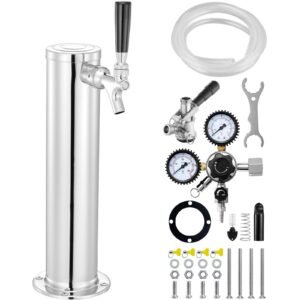 Kegerator Tower Kit, Single Tap Beer Conversion Kit, Stainless Steel Keg Beer Tower Dispenser with Dual Gauge CGA320 Regulator & D-System Keg Coupler, Self-Closing Spring for Party Bar Home