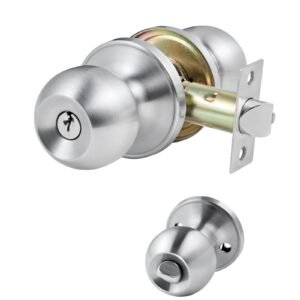 Keyed Entry Door Knob, Satin Nickel Door Knob with Round Ball, Keyed Exterior & Thumb Turn Lock Interior, All Metal Doorknobs Hardware with Lock and Keys, Modern Design for Bedroom & Bathroom
