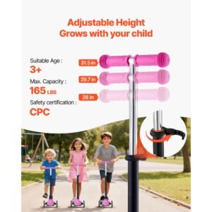 kick scooter for kids ages 3 3 wheel toddler scooter with light up wheels adjustable height handlebar wide anti slip deck lightweight aluminum frame for boys girls up to 165 lbs pink 1.jpg