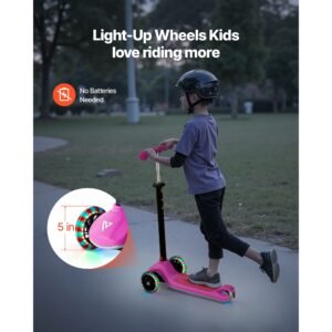 kick scooter for kids ages 3 3 wheel toddler scooter with light up wheels adjustable height handlebar wide anti slip deck lightweight aluminum frame for boys girls up to 165 lbs pink 2.jpg