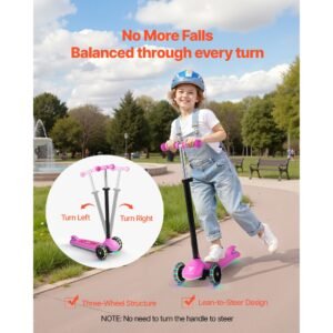 kick scooter for kids ages 3 3 wheel toddler scooter with light up wheels adjustable height handlebar wide anti slip deck lightweight aluminum frame for boys girls up to 165 lbs pink 3.jpg