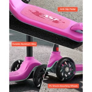 kick scooter for kids ages 3 3 wheel toddler scooter with light up wheels adjustable height handlebar wide anti slip deck lightweight aluminum frame for boys girls up to 165 lbs pink 4.jpg