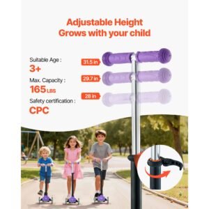 kick scooter for kids ages 3 3 wheel toddler scooter with light up wheels adjustable height handlebar wide anti slip deck lightweight aluminum frame for boys girls up to 165 lbs purple 1.jpg