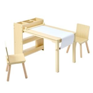 Kids Art Table and Chair Set, Toddler Craft Table with 3 Tiers Storage Cabinet, Wooden Kids Activity Play Desk with 2 Chairs, Craft Play Desk for Reading, Learning, Drawing, Writing, Light Wood