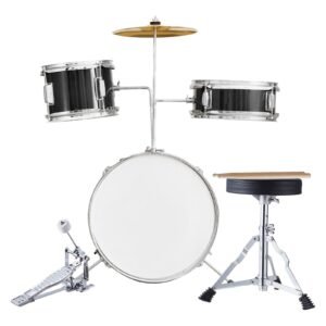 Kids Drum Set, 3-Piece, 14 in Beginner Drum Set with Adjustable Throne Cymbal Pedal Two Pairs of Drumsticks, 8'' Tom Drum 10'' Snare Drum 14'' Bass Drum, Starter Drum Kit for Child Kids, Black