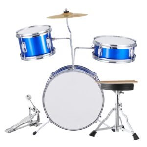 Kids Drum Set, 3-Piece, 14 in Beginner Drum Set with Adjustable Throne Cymbal Pedal Two Pairs of Drumsticks, 8'' Tom Drum 10'' Snare Drum 14'' Bass Drum, Starter Drum Kit for Child Kids, Blue