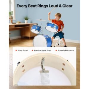 kids drum set 3 piece 14 in junior drum sets beginner drums set with adjustable throne cymbal two pairs of drumsticks musical learning drums instruments kit for children ages 6 13 blue 3.jpg