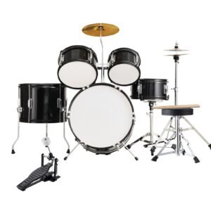 Kids Drum Set, 5-Piece, 16 in Beginner Full Drum Set with Bass Toms Snare Floor Drum Adjustable Throne Cymbal Hi-Hat Pedal and Two Pairs of Drumsticks, Starter Drum Kit for Child Kids, Black