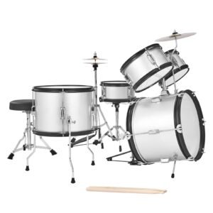 kids drum set, 5 piece 16 in junior drum sets, beginner drums set with adjustable throne, cymbal & two pairs of drumsticks, musical learning drums instrument kit, for children ages 6 13(silver)