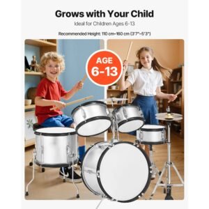 kids drum set, 5 piece 16 in junior drum sets, beginner drums set with adjustable throne, cymbal & two pairs of drumsticks, musical learning drums instrument kit, for children ages 6 13(silver)