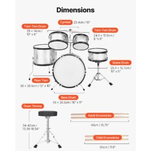 kids drum set, 5 piece 16 in junior drum sets, beginner drums set with adjustable throne, cymbal & two pairs of drumsticks, musical learning drums instrument kit, for children ages 6 13(silver)