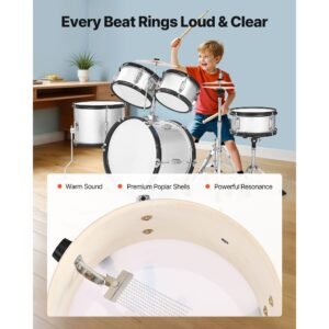 kids drum set, 5 piece 16 in junior drum sets, beginner drums set with adjustable throne, cymbal & two pairs of drumsticks, musical learning drums instrument kit, for children ages 6 13(silver)