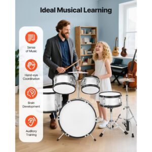 kids drum set, 5 piece 16 in junior drum sets, beginner drums set with adjustable throne, cymbal & two pairs of drumsticks, musical learning drums instrument kit, for children ages 6 13(silver)
