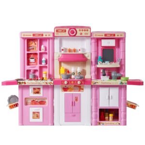 Kids Kitchen Playset, 3-in-1 Toddler Kitchen with Simulated Spray, Sounds and Lights, Play Kitchen Set with 74 PCS Cooking Accessory Set for Toddlers, Preschoolers, Children Ages 3-8, Pink